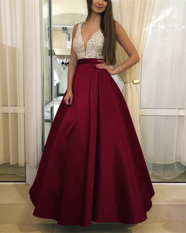 Sequins Beaded V-neck Long Satin Evening Prom Dresses alinanova Sequins Beaded V-neck Long Satin Evening Prom Dresses alinanova