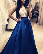 Load image into Gallery viewer, Plunge Neck Floor Length Satin Prom Evening Dress Sequin Beaded
