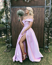 Load image into Gallery viewer, Off The Shoulder Satin Split Dresses With Pockets
