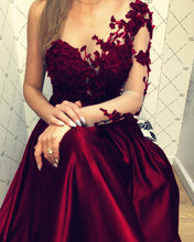 Load image into Gallery viewer, Lace Long Sleeves Satin Prom Evening Dresses One Shoulder-alinanova
