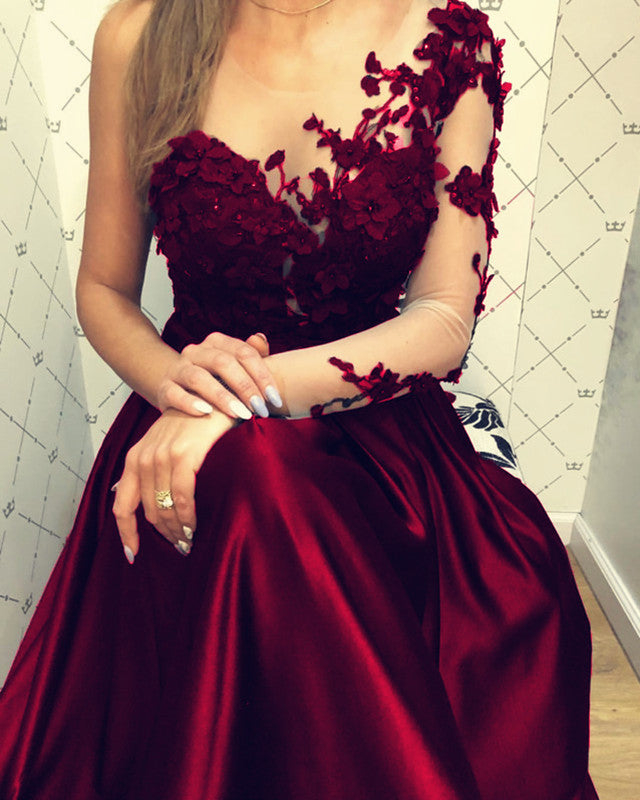 Lace Long Sleeves Satin Prom Evening Dresses One Shoulder-alinanova