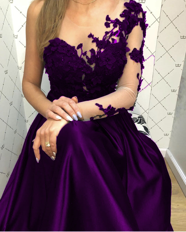 Lace Long Sleeves Satin Prom Evening Dresses One Shoulder Lace Long Sleeves Satin Prom Evening Dresses One Shoulder