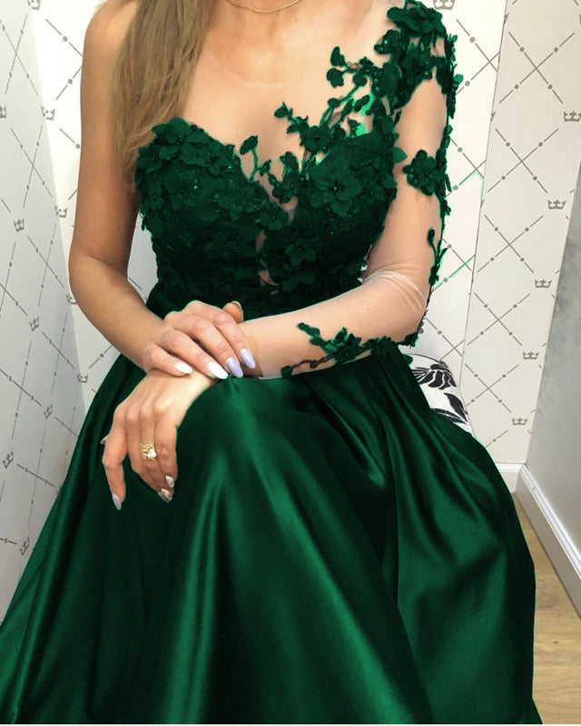 Lace Long Sleeves Satin Prom Evening Dresses One Shoulder – alinanova