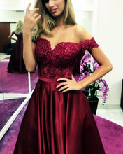 Load image into Gallery viewer, Off Shoulder Prom Burgundy Dress

