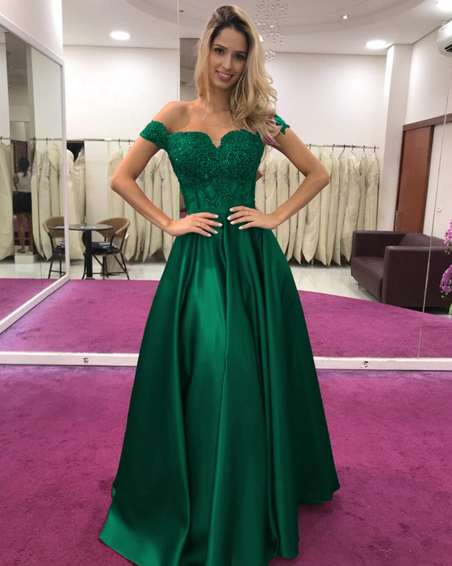 Lace Beaded Corset Prom Satin Dresses Off Shoulder Formal Gowns