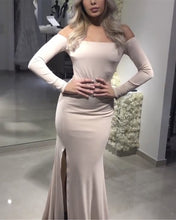 Load image into Gallery viewer, Sexy Leg Slit  Jersey Off Shoulder Long Sleeves Mermaid Evening Dresses
