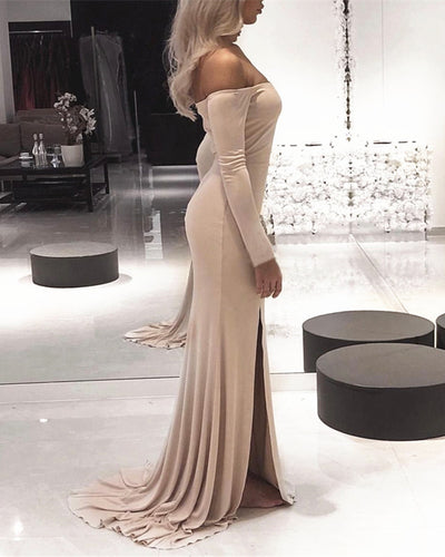 Sexy Leg Slit Jersey Off Shoulder Long Sleeves Mermaid Evening Dresses-alinanova