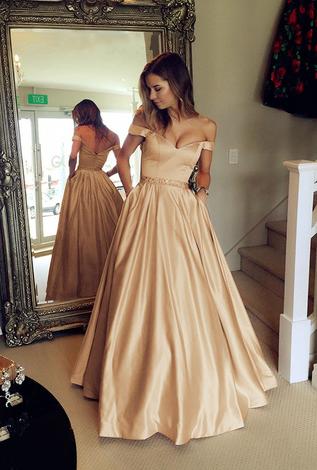 beige satin prom dress V Neck Off The Shoulder Satin Prom Dresses