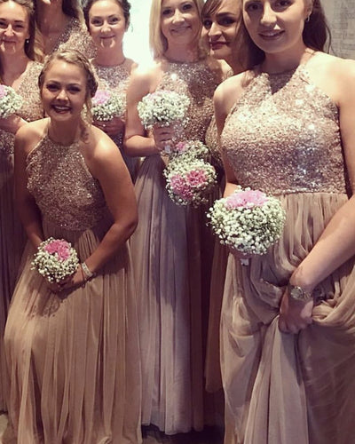 Champagne Tulle Bridesmaid Dresses Sequins Beaded