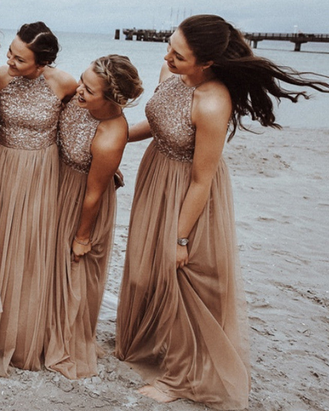 Tulle Bridesmaid Dresses Sequin Beaded Halter alinanova