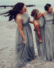 Load image into Gallery viewer, Silver Tulle Bridesmaid Dresses Sequins Beaded
