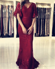 Load image into Gallery viewer, Burgundy Lace Mermaid Prom Dresses With Sleeves
