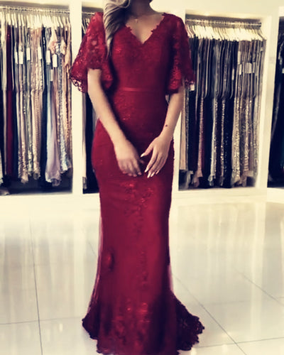 Burgundy Lace Mermaid Prom Dresses With Sleeves