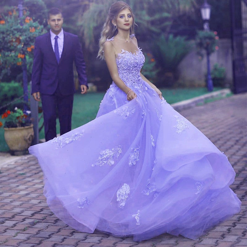 A Line Floor Length Tulle Prom Dresses Lace Appliques A Line Floor Length Tulle Prom Dresses Lace Appliques