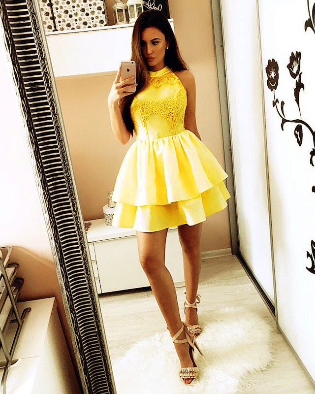 yellow halter hoco dress Yellow