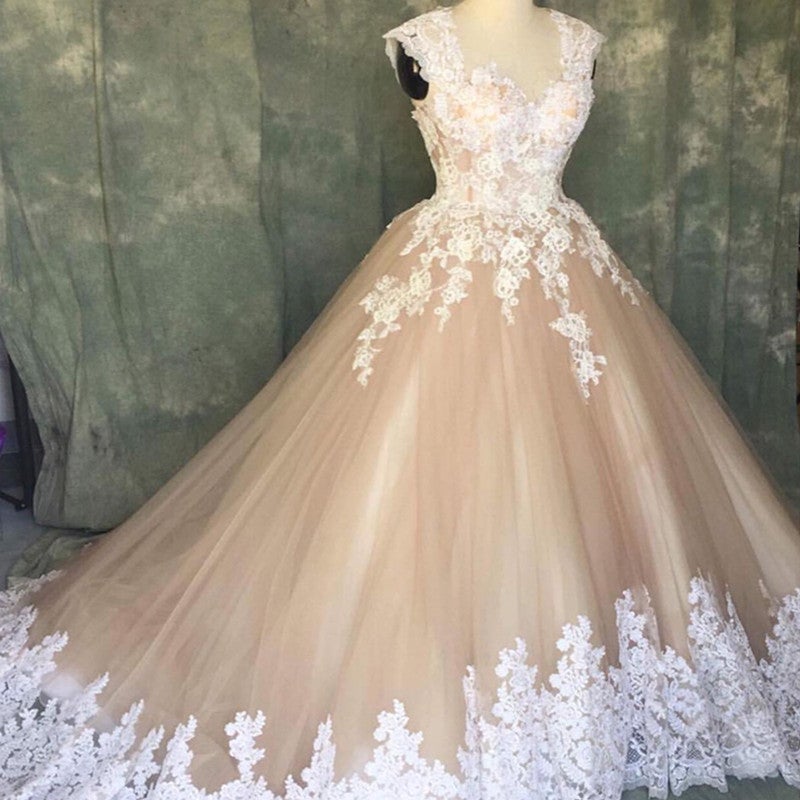 ivory lace over champagne wedding dress A-line V Neck Light Champagne Tulle Ivory Lace Wedding Dress WD595 US0 / Custom Color