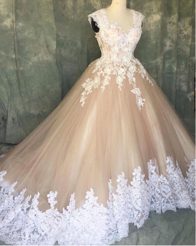 A Line Ivory Lace Cap Sleeves Tulle Champagne Wedding Dresses-alinanova