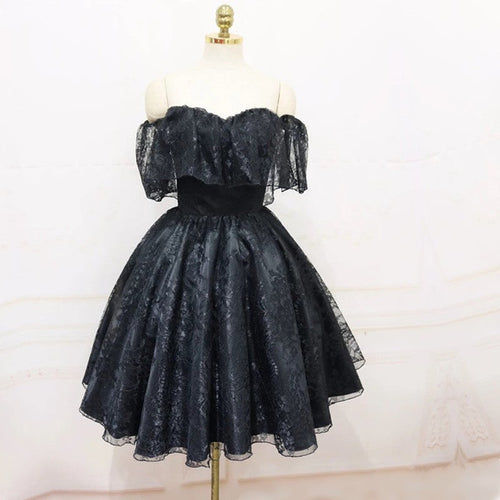 A-Line Off The Shoulder Short Black Lace Homecoming Dress-alinanova
