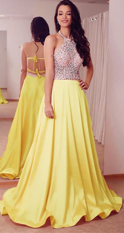 Beaded Satin Halter Prom Dresses Open Back – alinanova