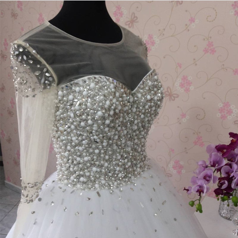 A Line Pearl And Crystal Beaded Long Sleeves Wedding Dresses