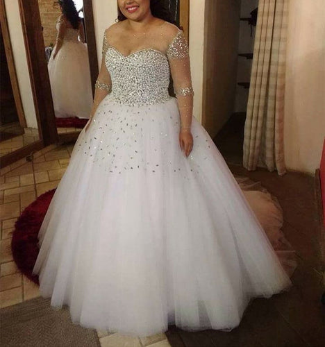 A Line Pearl And Crystal Beaded Long Sleeves Wedding Dresses-alinanova