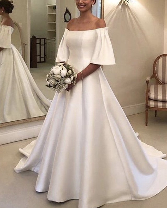 A Line Satin Wedding Gown Off Shoulder A Line Satin Wedding Gown Off Shoulder