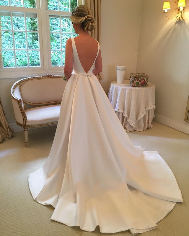 A Line Scoop Neck Long Satin Backless Wedding Dresses For Bride A Line Scoop Neck Long Satin Backless Wedding Dresses For Bride