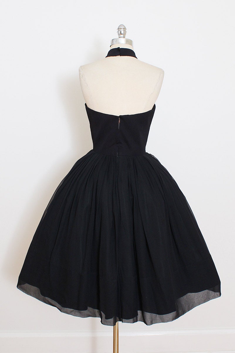 Vintage 1950s A Line Tulle Black Cocktail Dress Knee Length Prom Dress –  alinanova