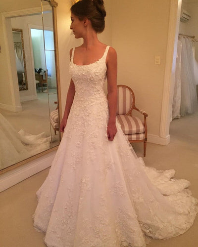 A Line Square Neck Lace Embroidery Wedding Gowns-alinanova