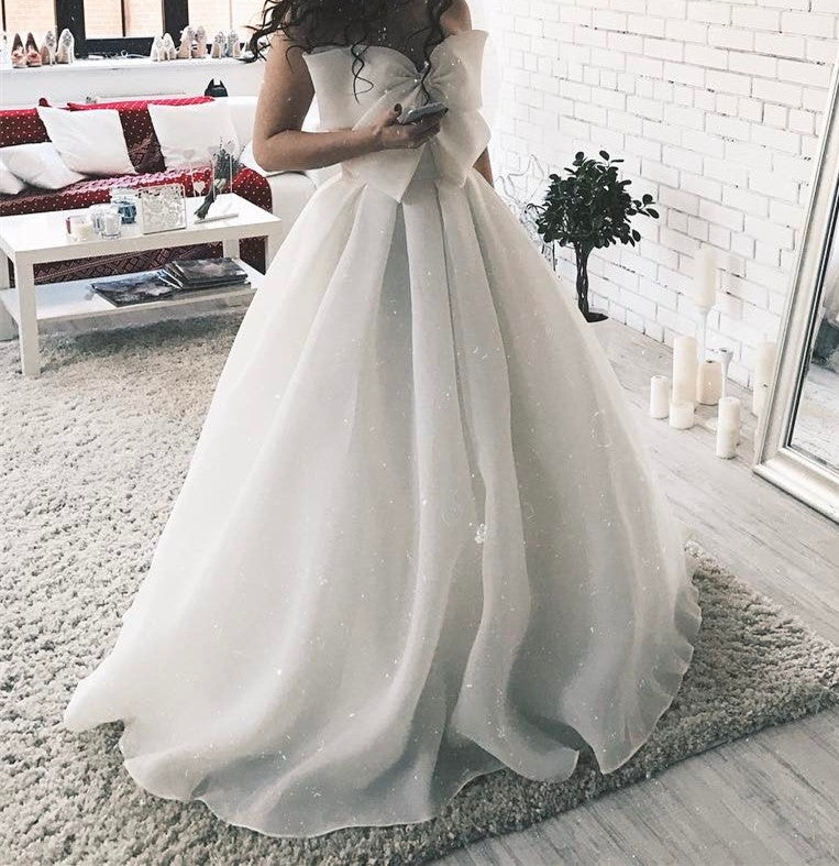open lace back dress A Line Sweetheart Organza Wedding Dresses with Bow