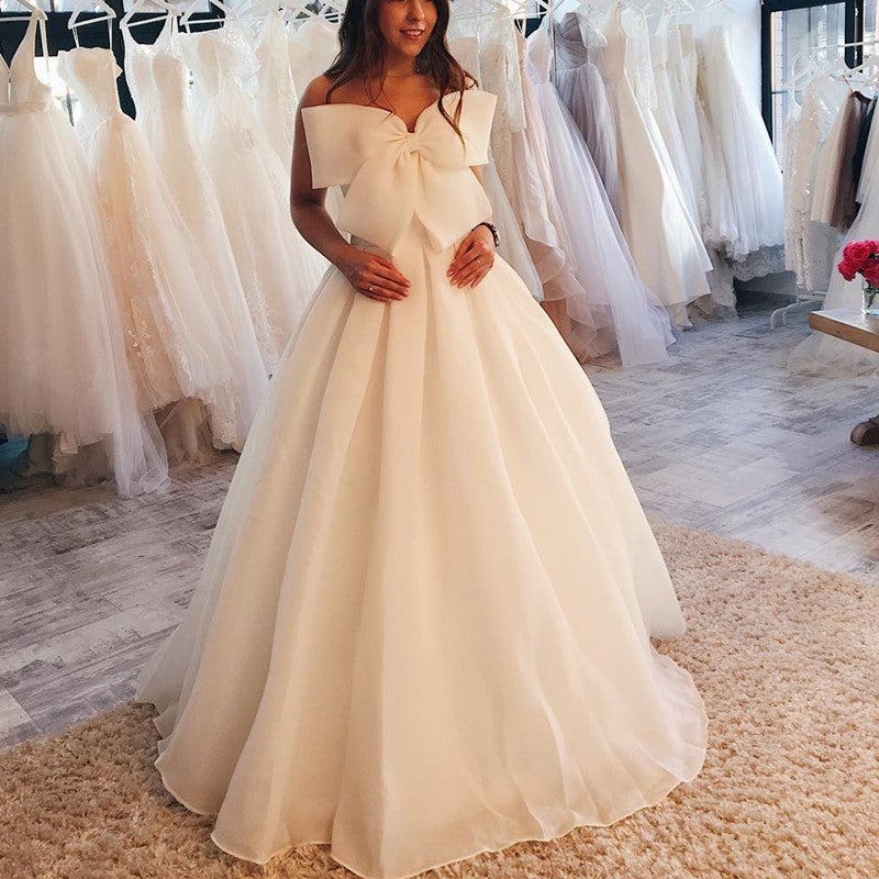 A Line Sweetheart Organza Wedding Dresses With Bow-alinanova
