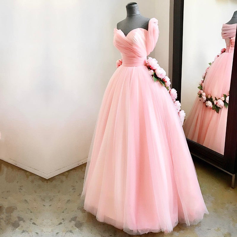 pink a line wedding dress Romantic Floral A-line Tulle Unique Pale Pink Wedding Dress
