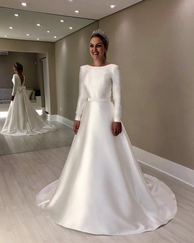 A Line Wedding Dress Satin Bow Back Long Sleeves alinanova A Line Wedding Dress Satin Bow Back Long Sleeves alinanova