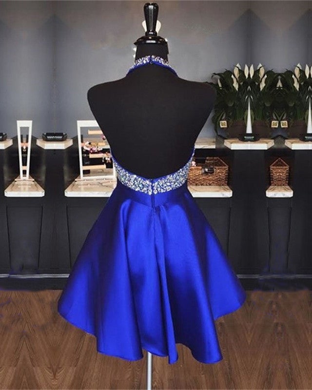A-line Beaded Halter Satin Prom Dresses Short Open Back Homecoming Dre –  alinanova
