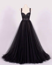Load image into Gallery viewer, A-line Black Tulle Sweetheart Prom Dresses Lace Appliques
