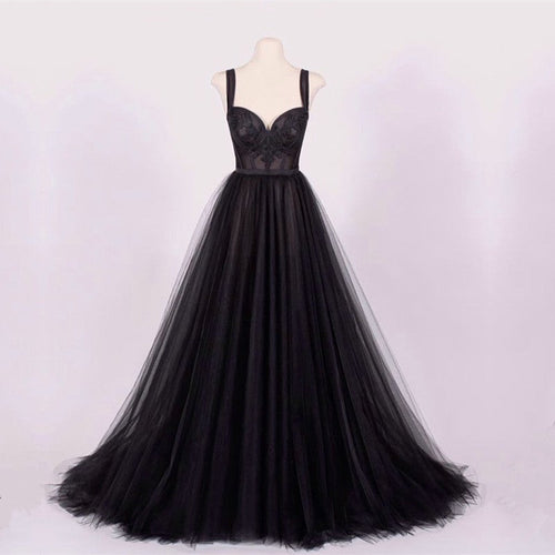 A-line Black Tulle Sweetheart Prom Dresses Lace Appliques-alinanova