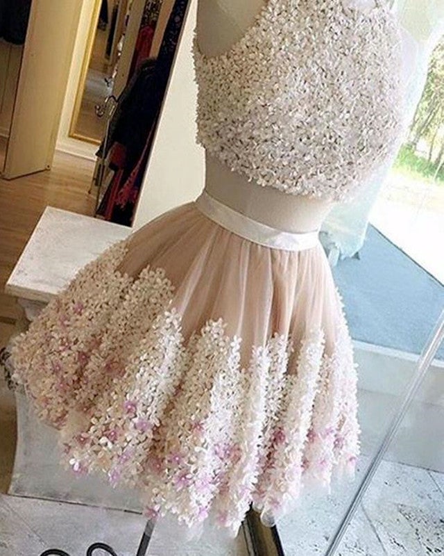 A-line Floral Lace Homecoming Dresses Two Piece Prom Dress Short A-line Floral Lace Homecoming Dresses Two Piece Prom Dress Short