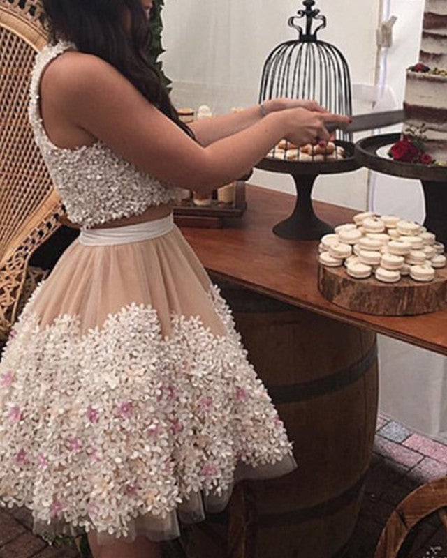 A-Line Floral Lace Homecoming Dresses Two Piece Prom Dress Short A-Line Floral Lace Homecoming Dresses Two Piece Prom Dress Short
