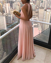 Load image into Gallery viewer, A-line Halter Neck Pleated Chiffon Floor Length Bridesmaid Dresses
