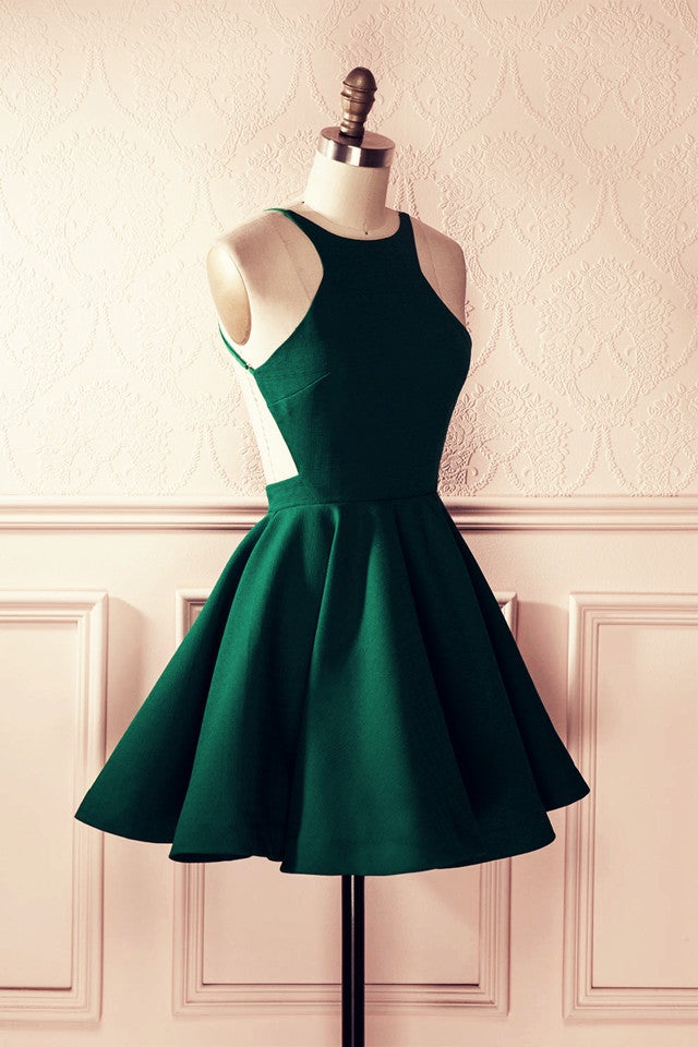 Short Casual Emerald Green Dress A-Line Halter Top Open Back Homecoming Dress Short Satin Prom Short Casual Emerald Green Dress A-Line Halter Top Open Back Homecoming Dress Short Satin Prom