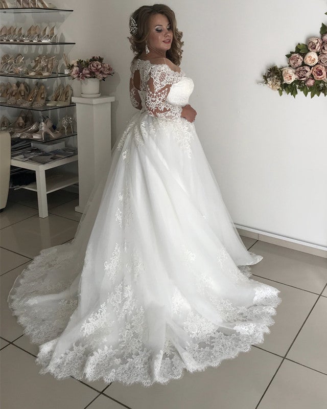 A-Line Illusion Lace Long Sleeves Tulle Wedding Dresses Plus Size