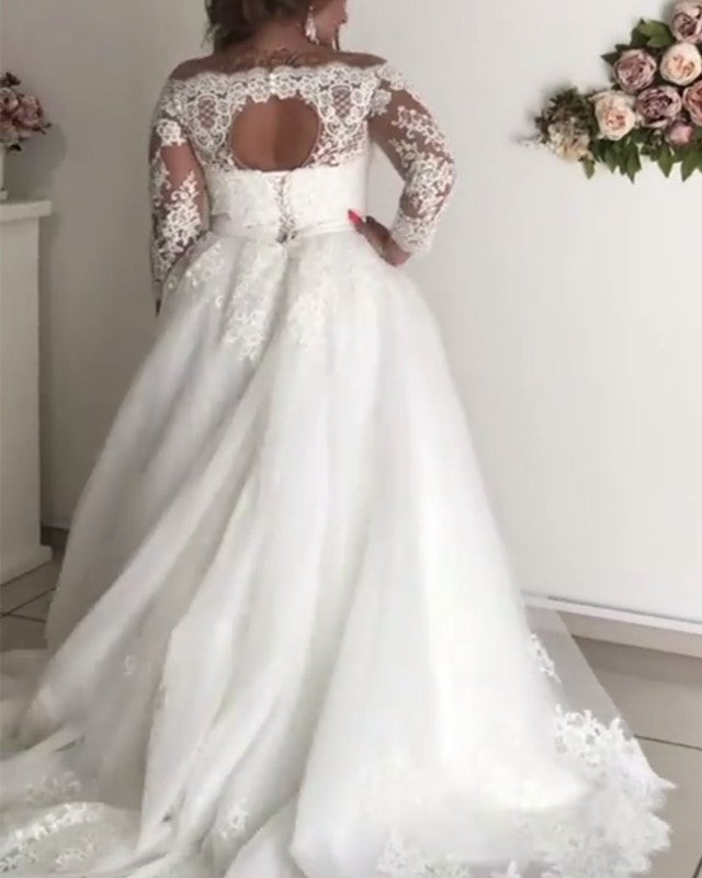 A-line Illusion Lace Long Sleeves Tulle Wedding Dresses Plus Size   alinanova