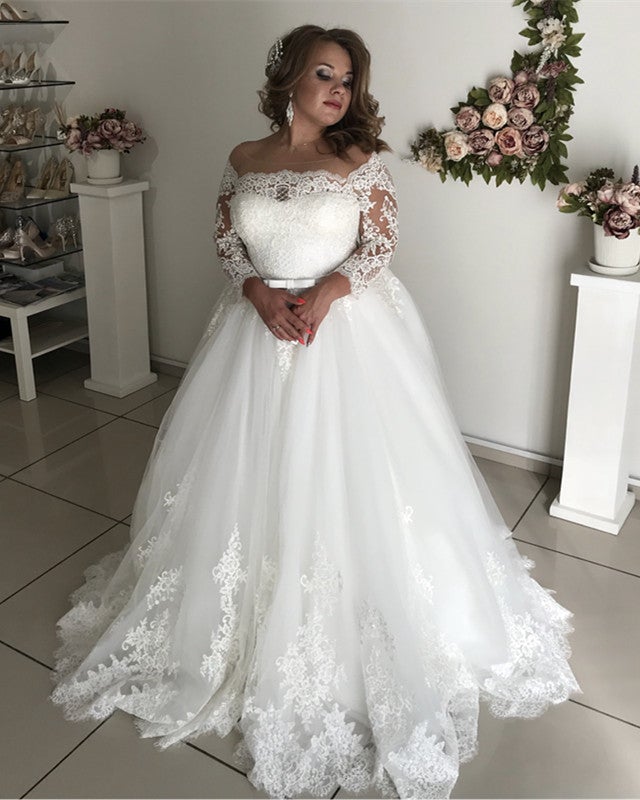 A-line Illusion Lace Long Sleeves Tulle Wedding Dresses Plus Size-alinanova
