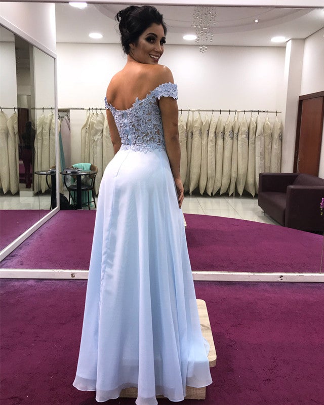 A-line Off Shoulder Chiffon Prom Dresses Lace Appliques alinanova A-line Off Shoulder Chiffon Prom Dresses Lace Appliques alinanova