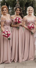 Load image into Gallery viewer, A-line Off Shoulder Lace Embroidery Bridesmaid Dresses Long
