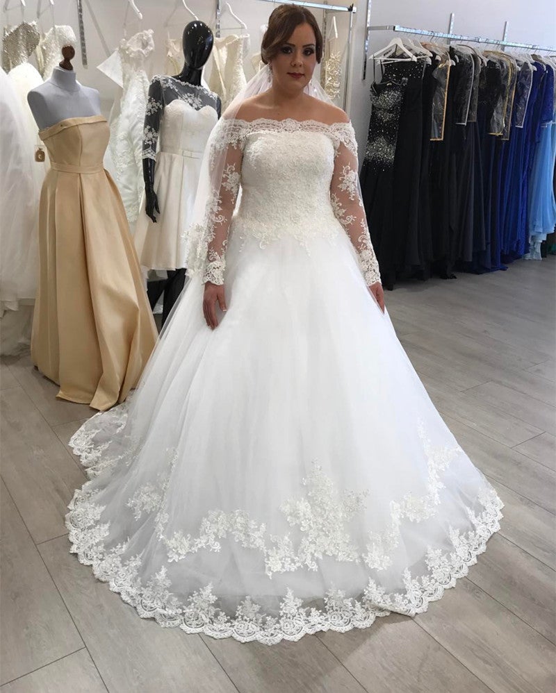 Plus Size Wedding Dresses Lace Long Sleeves Bridal Gowns Off Shoulder ...