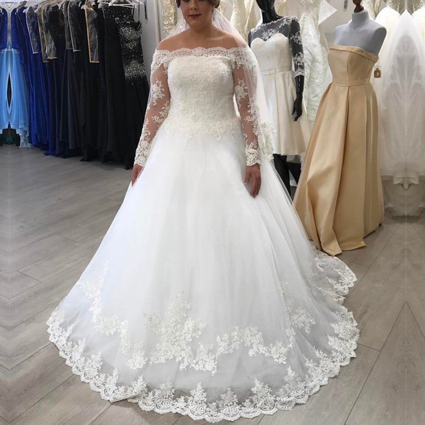 A-line Off The Shoulder Long Sleeves Lace Wedding Dresses Plus Size-alinanova