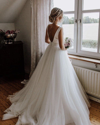 A-line Open Back Organza And Tulle Princess Wedding Dresses With Bow-alinanova