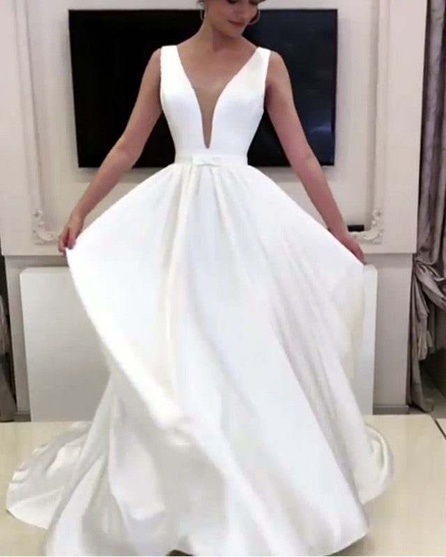 A-Line Plunge Neck Floor Length Satin Wedding Dresses A-Line Plunge Neck Floor Length Satin Wedding Dresses