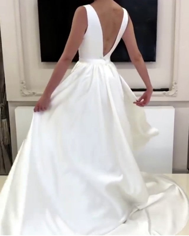 A-line Plunge Neck Floor Length Satin Wedding Dresses alinanova A-line Plunge Neck Floor Length Satin Wedding Dresses alinanova